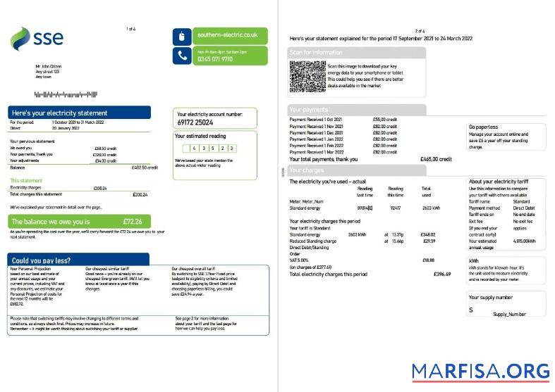 Downloadable United Kingdom SSE Energy utility bill, Word and PDF template, 4 pages 1 2